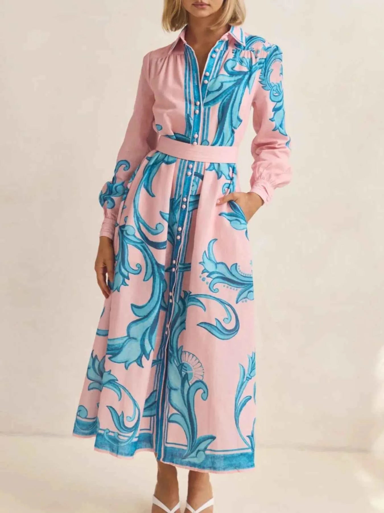 Printed Button Down Belted Shirt Dress