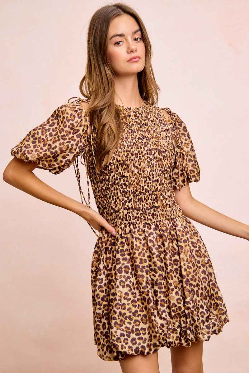 Leopard Bow Tie Puff Sleeve Dress with Detachable Sleeves by BiBi