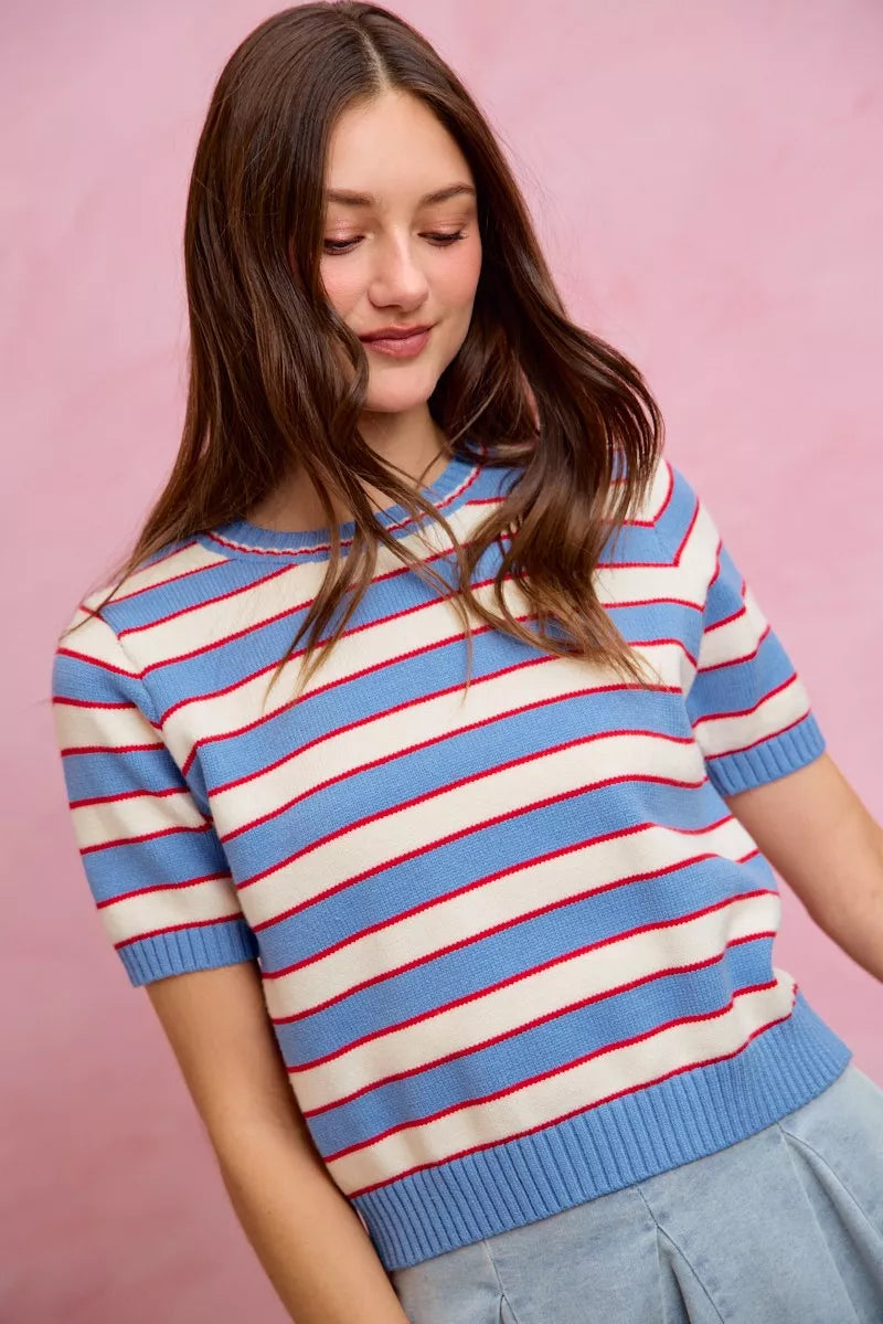Blue Stripe Knit Crew Neck Short Sleeve Sweater Top by SO ME