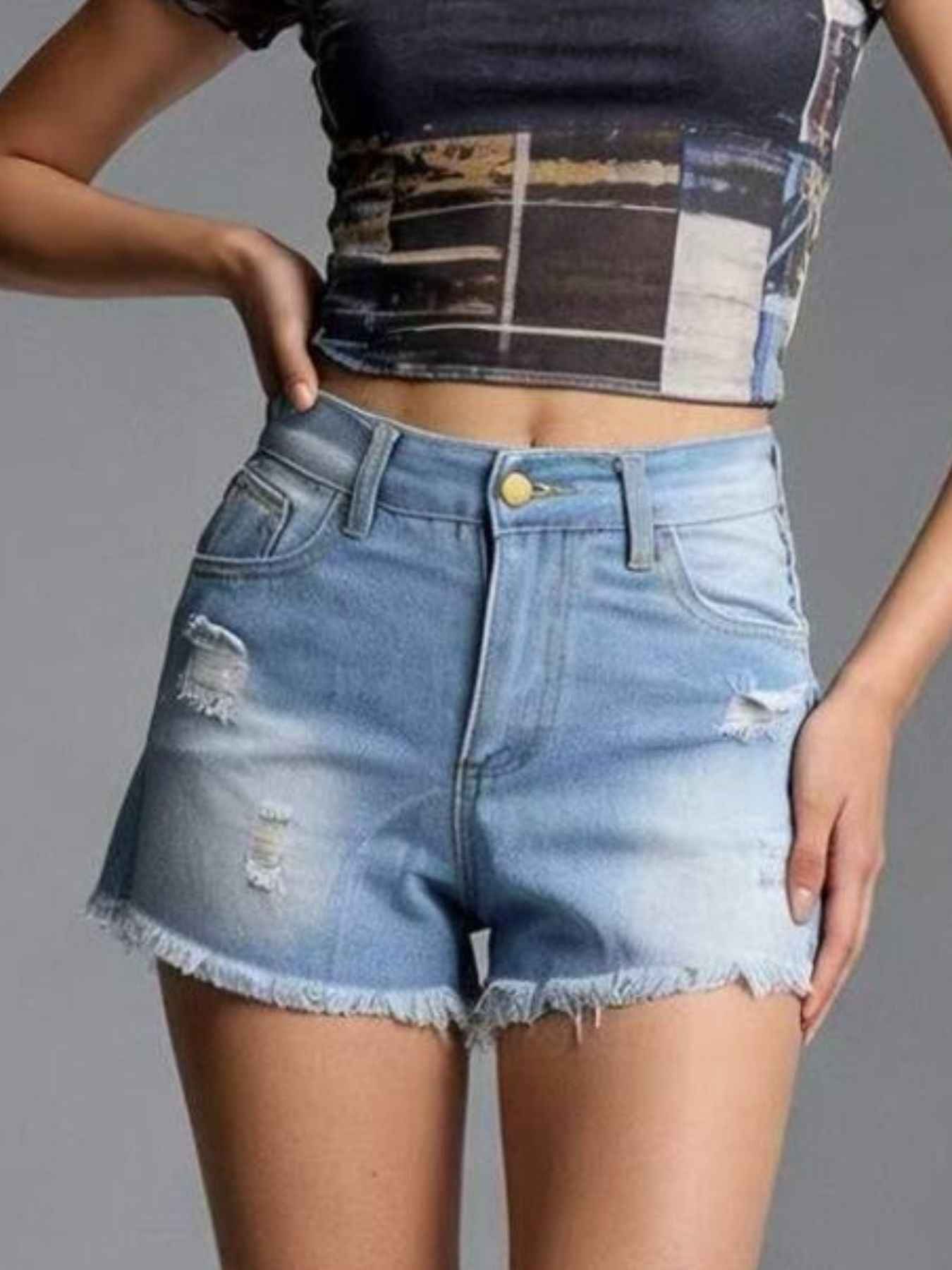 Distressed Frayed Hem Denim Shorts