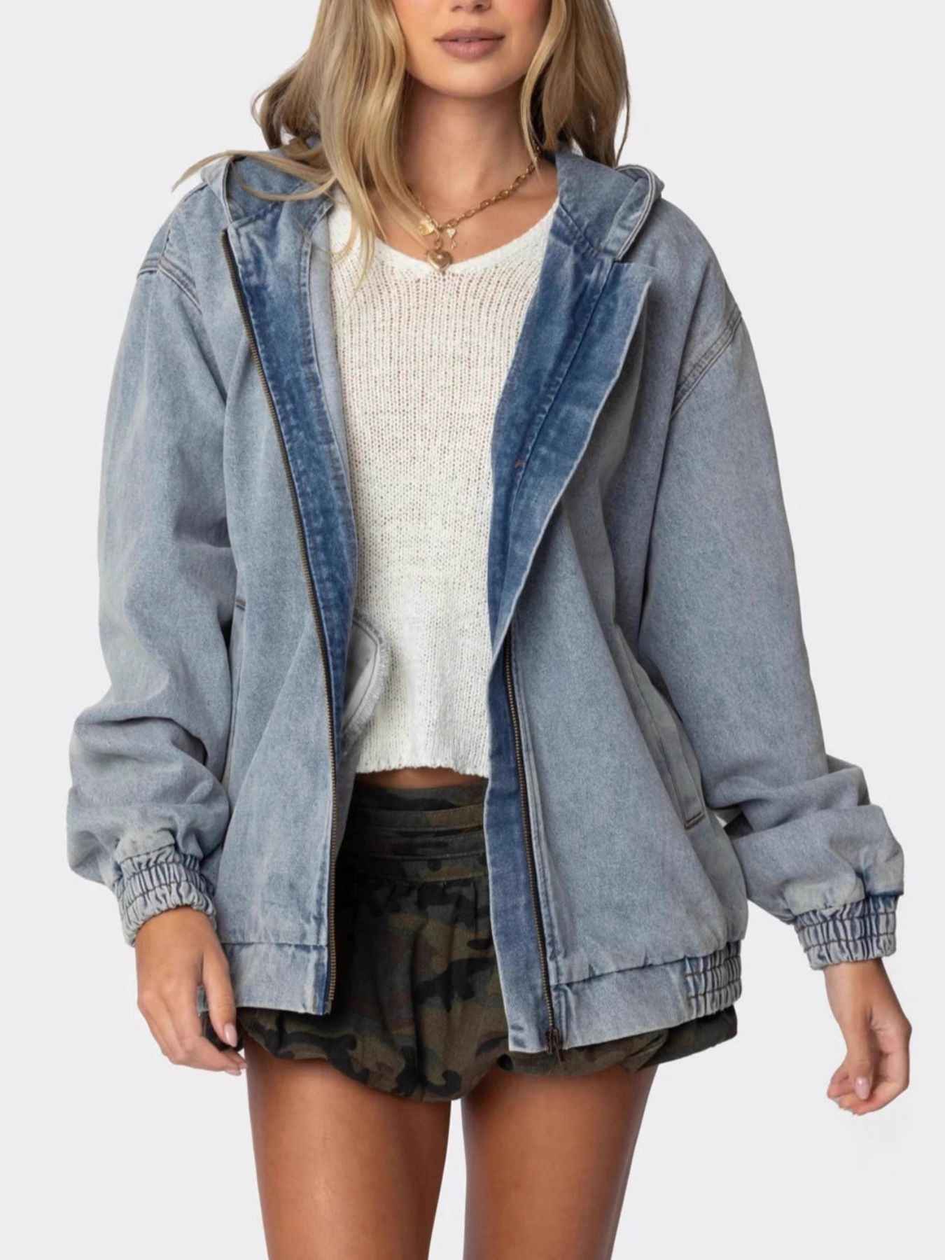 Hooded Oversized Zip Up Denim Jacket