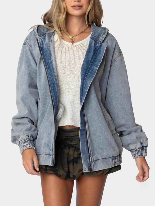 Hooded Oversized Zip Up Denim Jacket