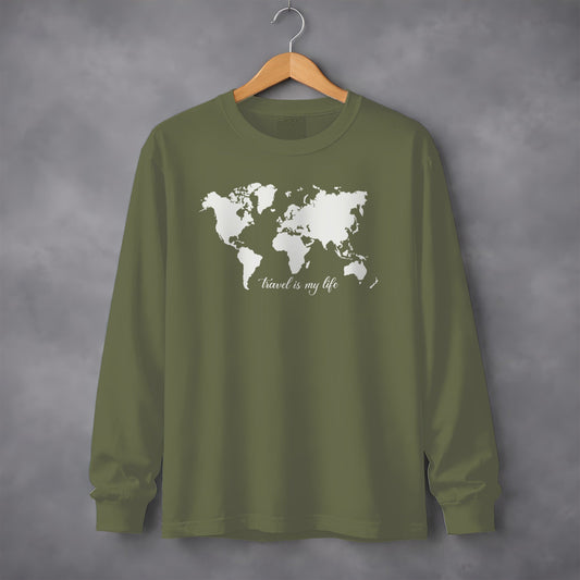 Travel Is My Life World Map Simple Modern Long Sleeve T-Shirt