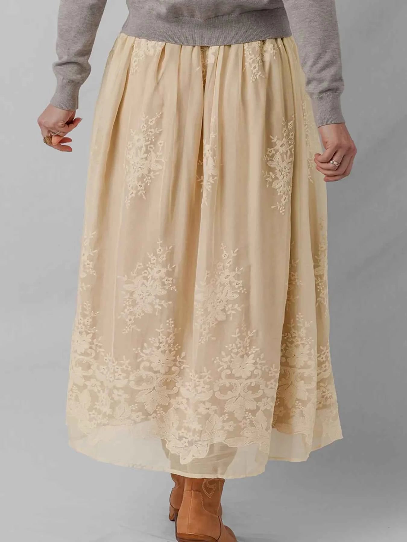 Embroidered Mesh Overlay Flowy Midi Skirt