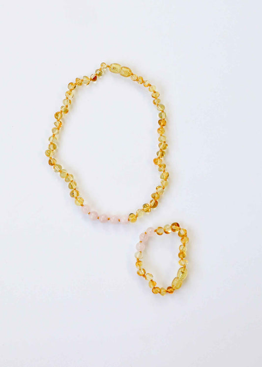 Polished Honey Baltic Amber + Rose Quartz || Necklace