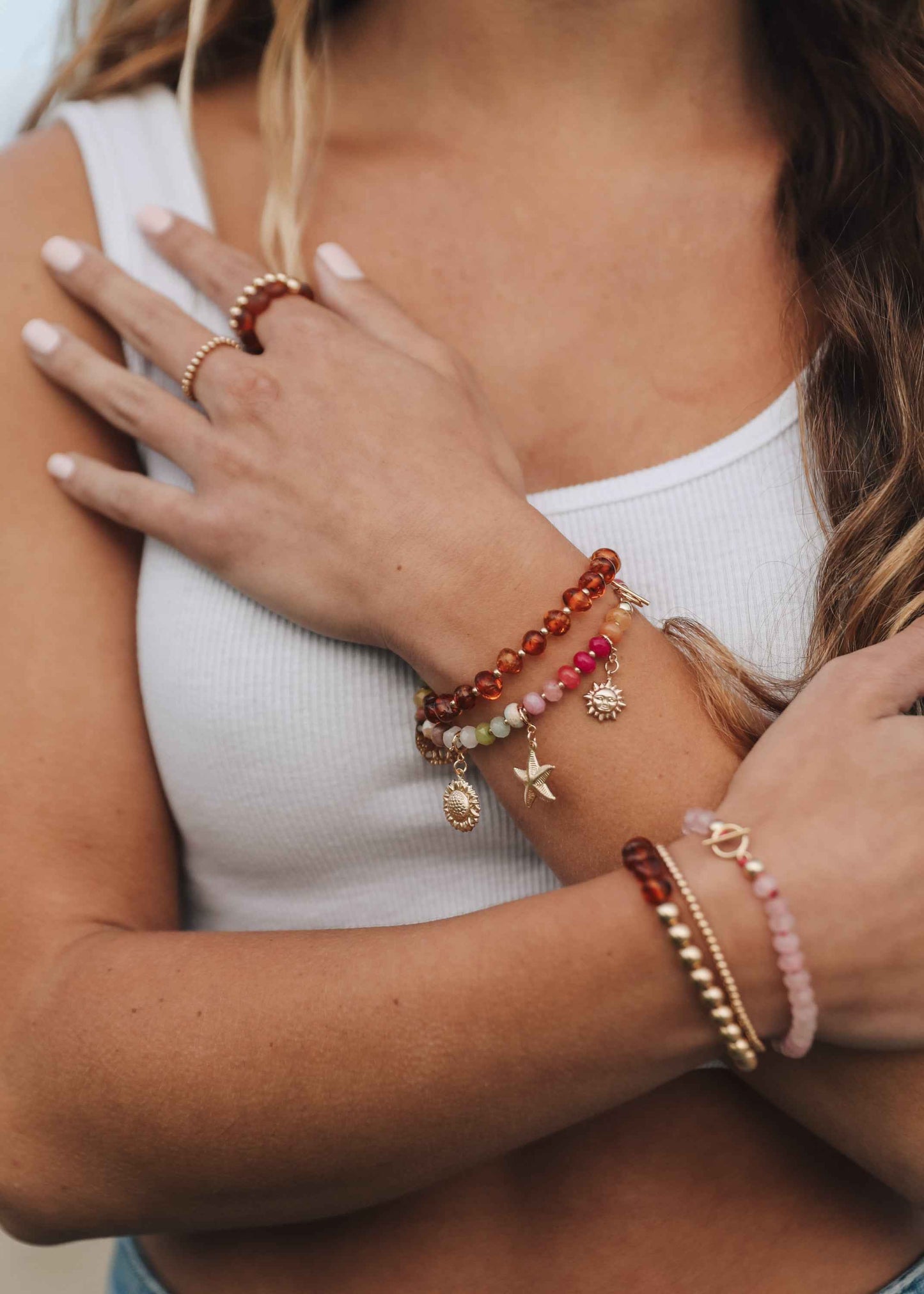 Baltic Sea Amber : 14k Gold Filled Beaded Sun + Moon || Adult Bracelets