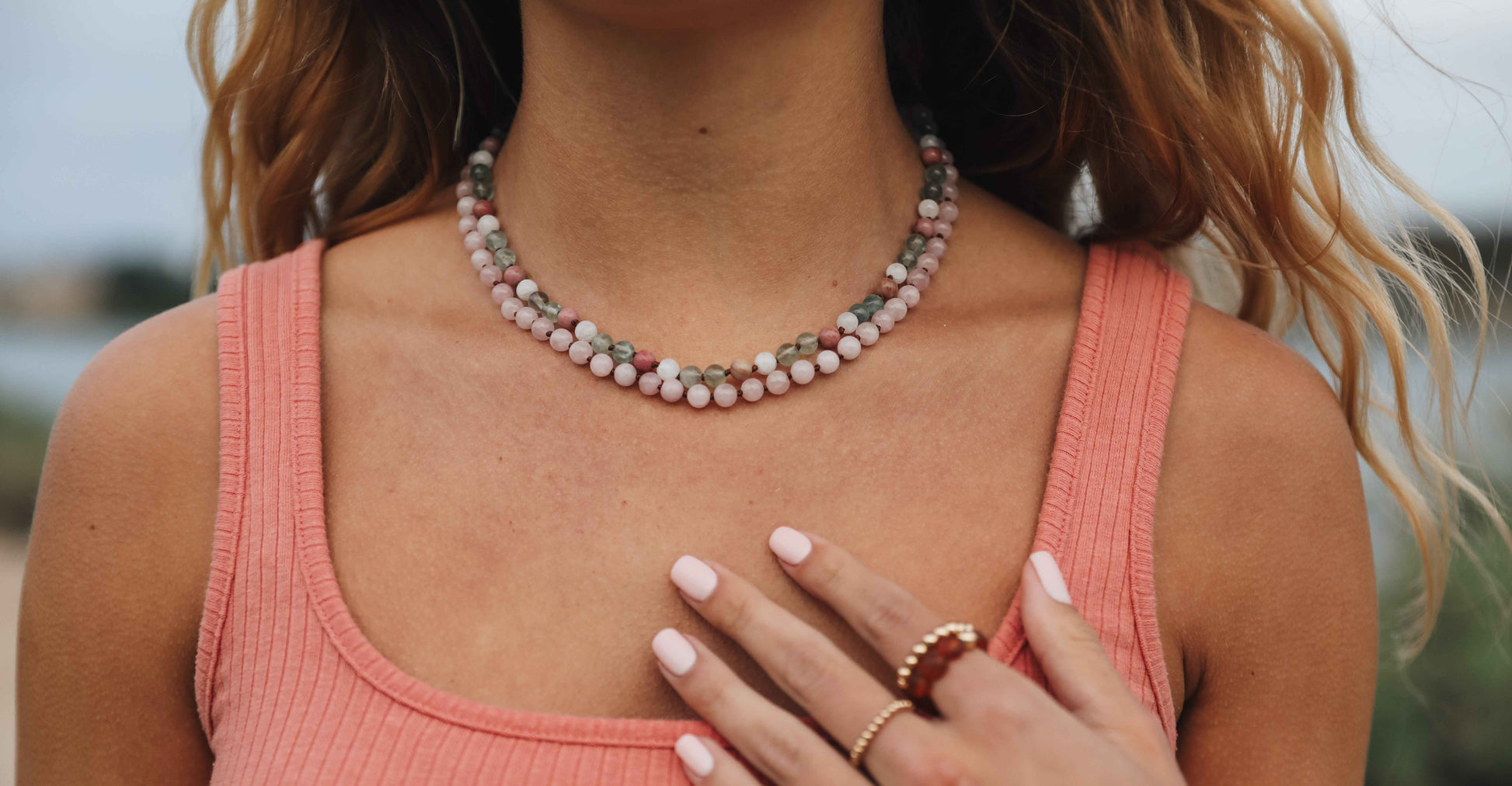 Fluorite + Moonstone + Rhodonite || Natural Gemstone Necklace
