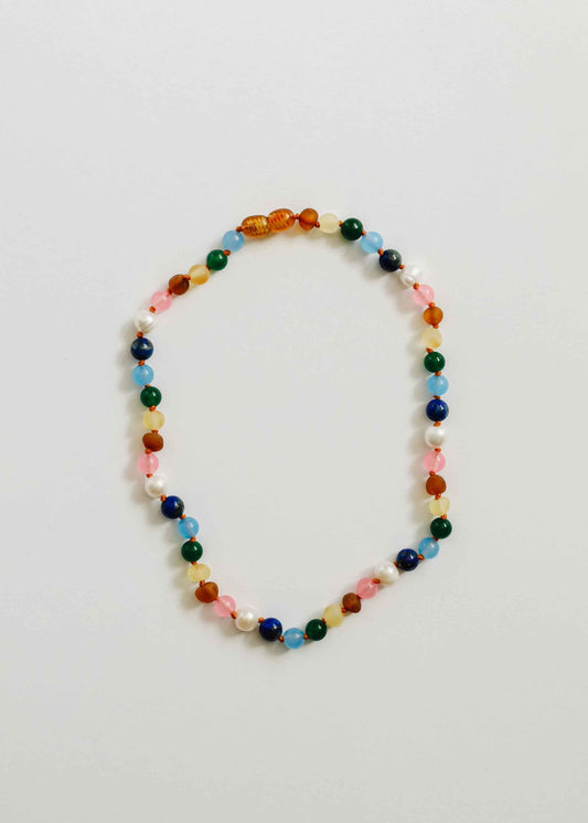 Raw Baltic Amber and Pearl Necklace + Sweet Pink Gemstones