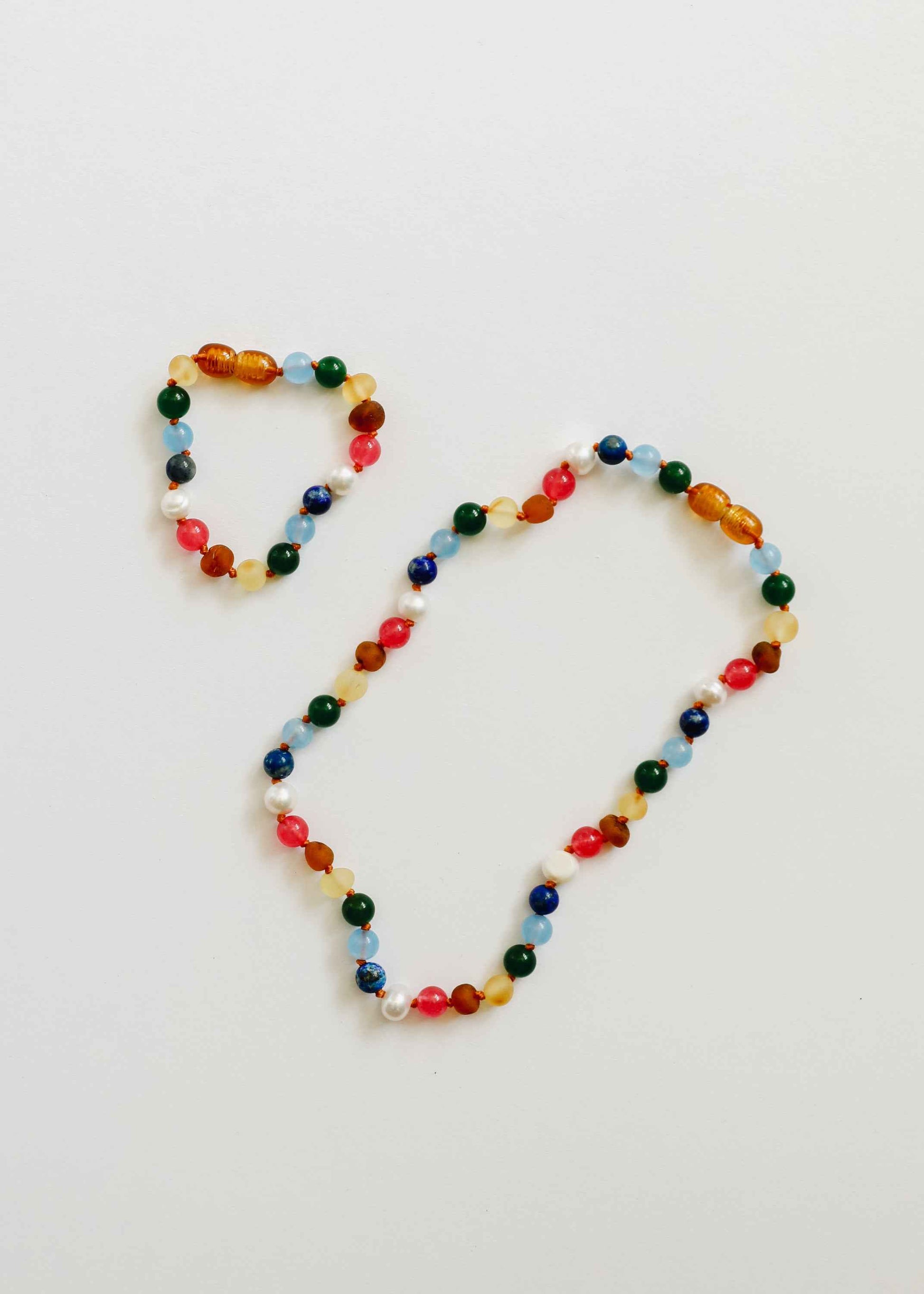 Raw Baltic Amber and Pearl Bracelet + Bright Pink Gemstones