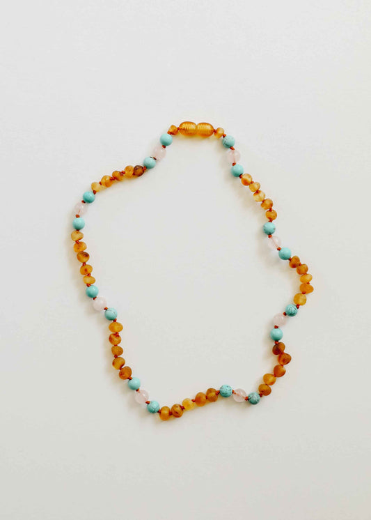 Raw Honey Baltic Amber and Natural Turquoise + Rose Quartz || Necklace