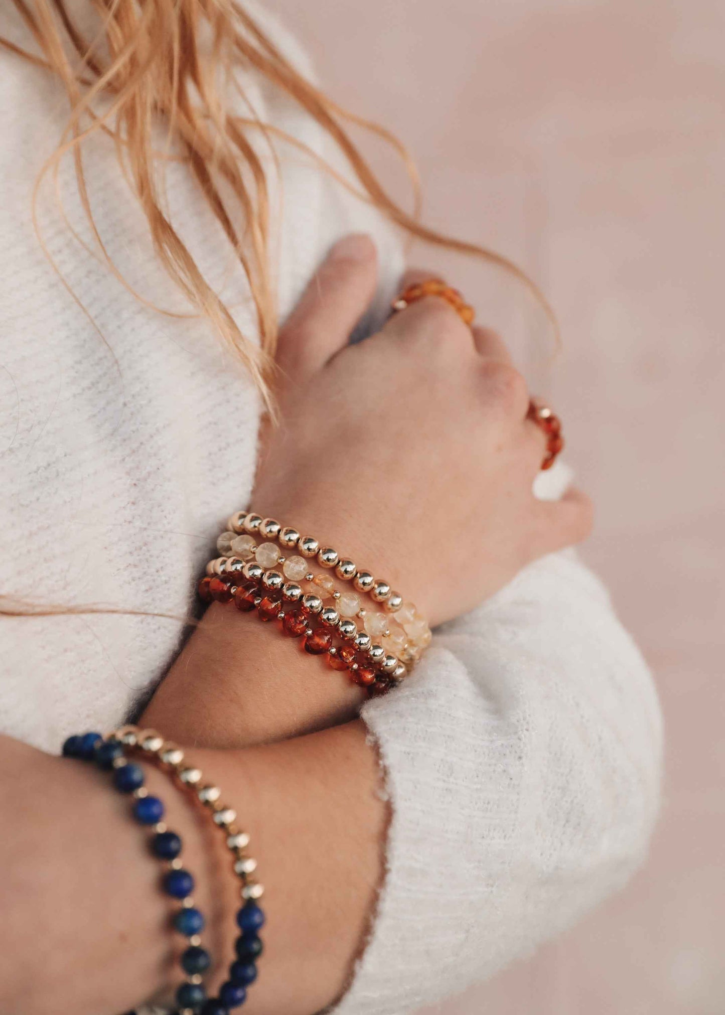 Rose Quartz : 14k Gold Filled Sun + Moon || Stretch Bracelets
