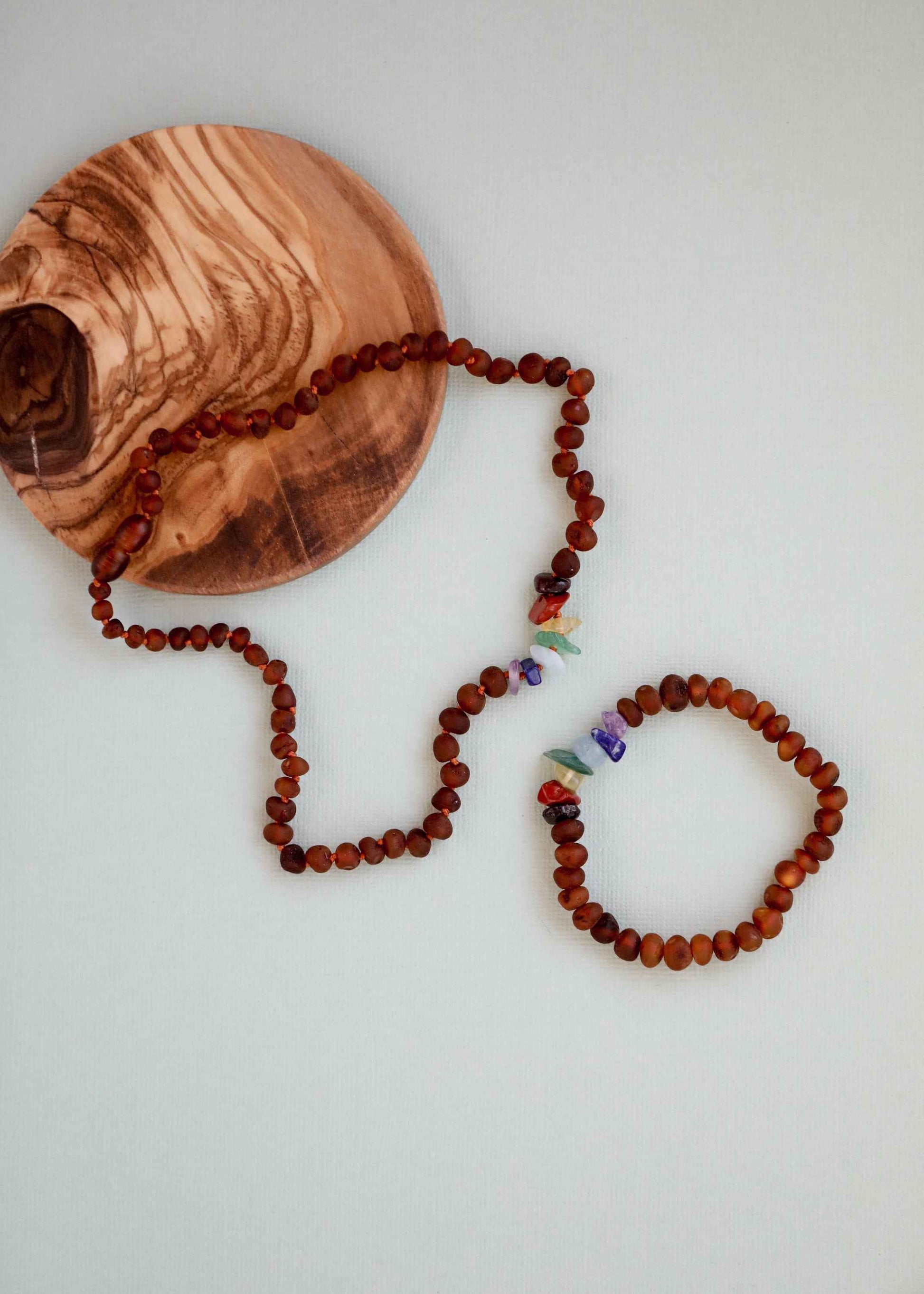 Raw Cognac Baltic Amber + Raw CHAKRA Crystals || Adult Bracelet