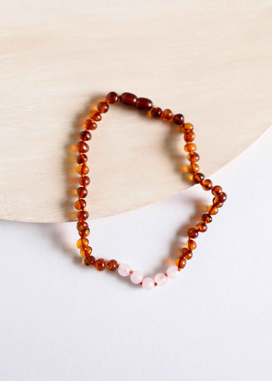 Polished Cognac Baltic Amber + Rose Quartz || Necklace