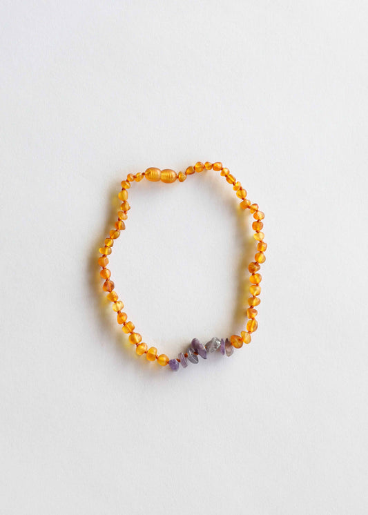 Raw Honey Baltic Amber + Raw Amethyst || Necklace