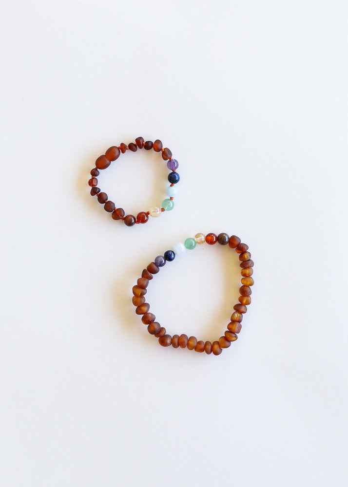 Raw Cognac Baltic Amber + CHAKRA Crystals ||  Bracelet Set