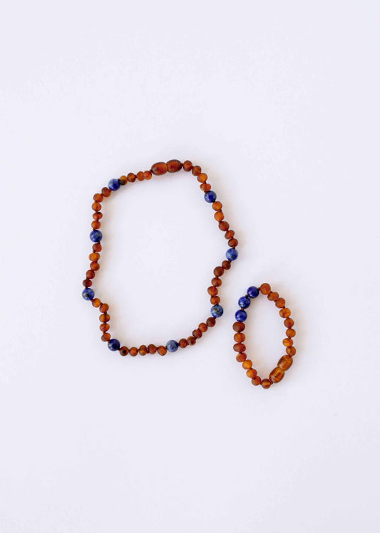 Raw Cognac Baltic Amber + Lapis Lazuli || Halo Necklace ||