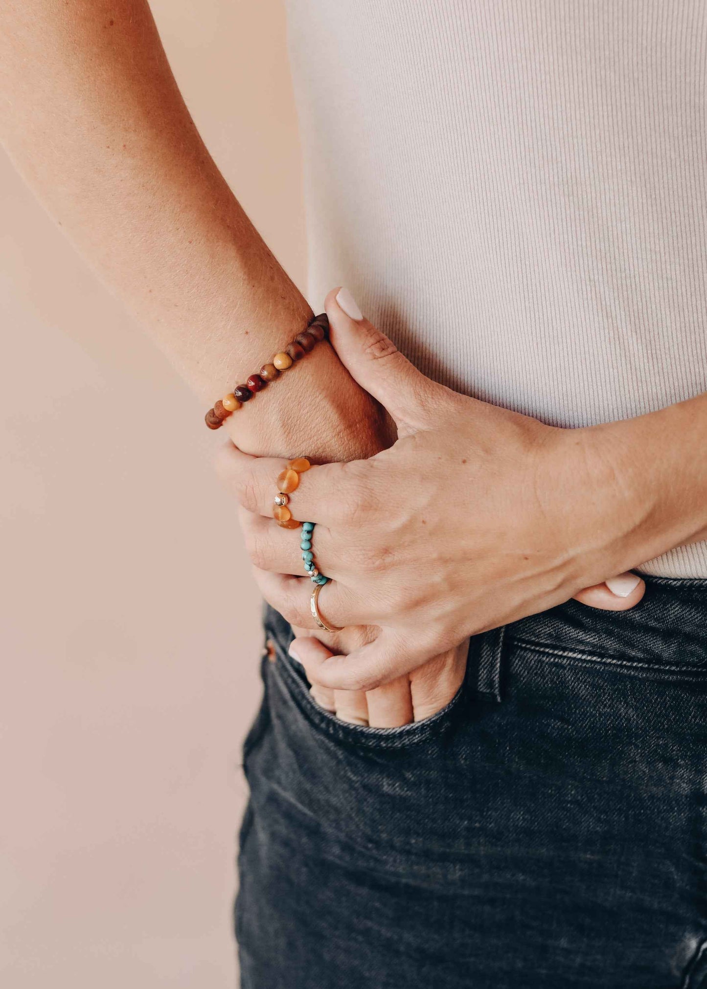 Raw Cognac Baltic Amber + Mookaite Jasper || Adult Stretch Bracelet