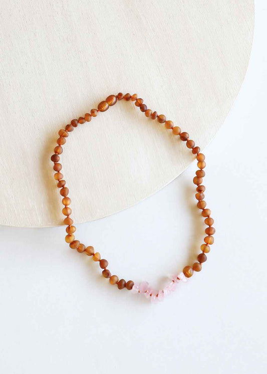 Raw Cognac Baltic Amber + Raw Rose Quartz || Necklace