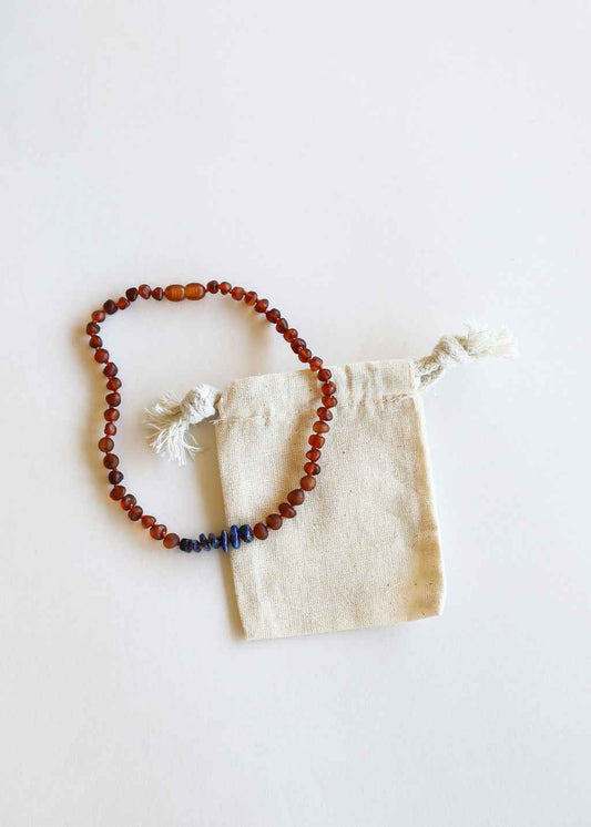 Raw Cognac Baltic Amber + Raw Lapis || Necklace