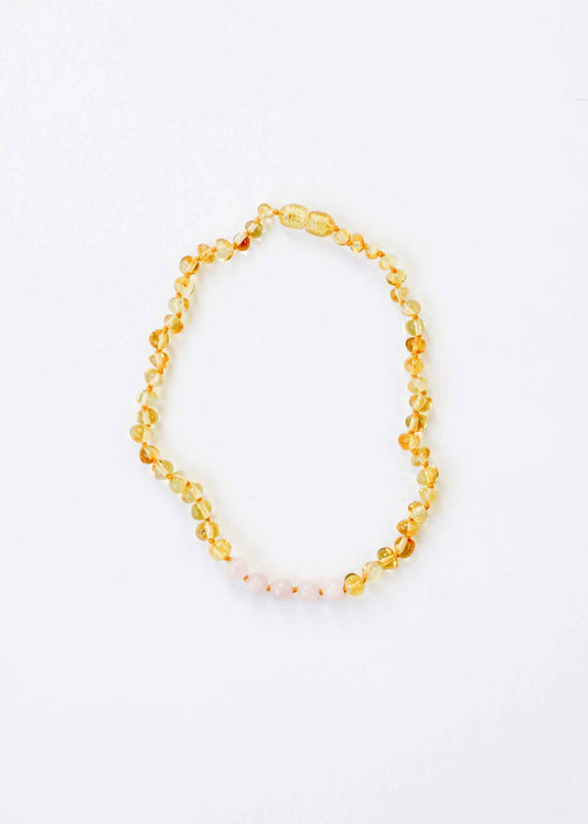 Polished Honey Baltic Amber + Rose Quartz || Necklace