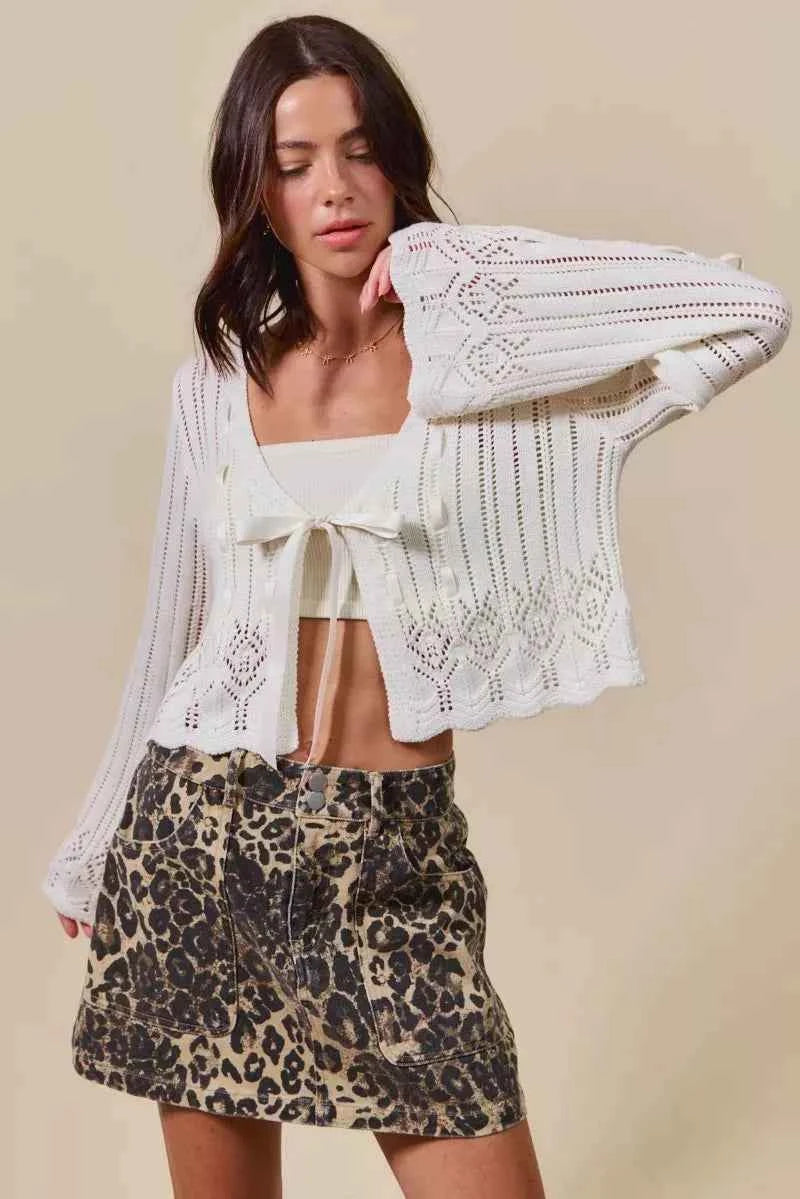 Off White Textured Sweater Open Front Ribbon Tie Cardigan by So Me
