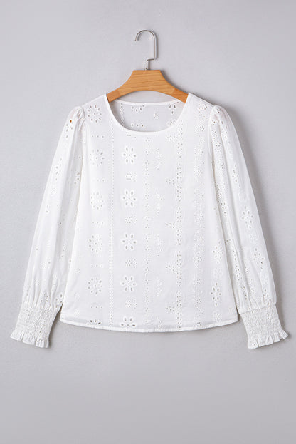 Allison Eyelet Embroidered Smocked Cuff Sheer Blouse
