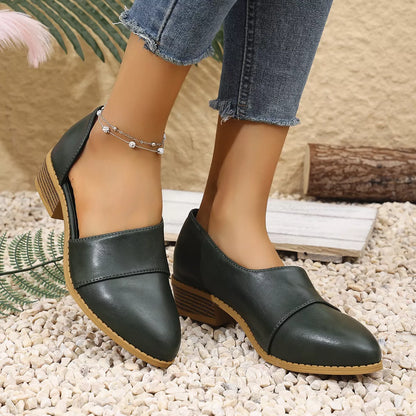 Point Toe Block Heels Loafers PU Leather Low Heel Shoes