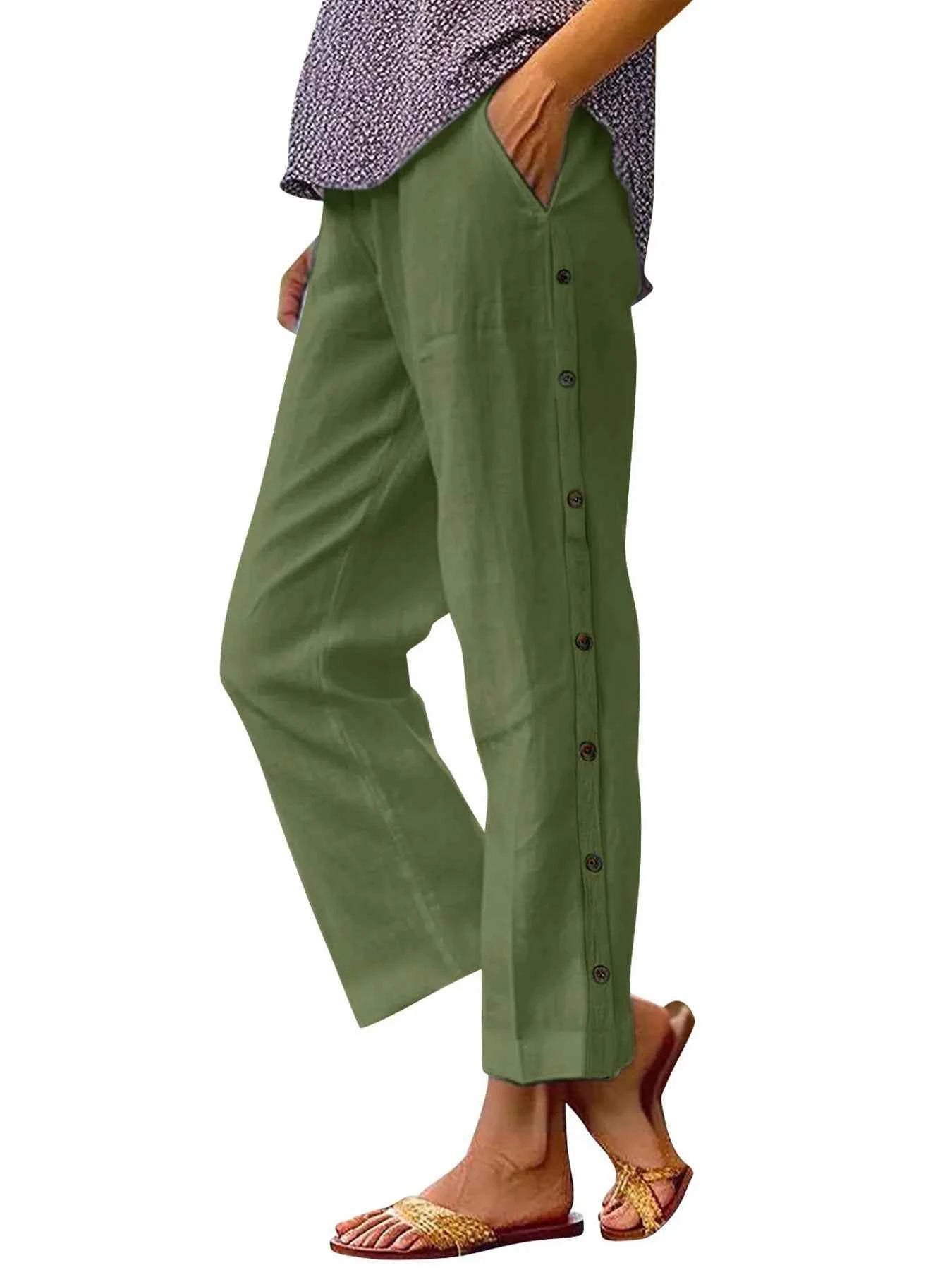 Full Size Side Decor Button Casual Wide Leg Pants Plus Size
