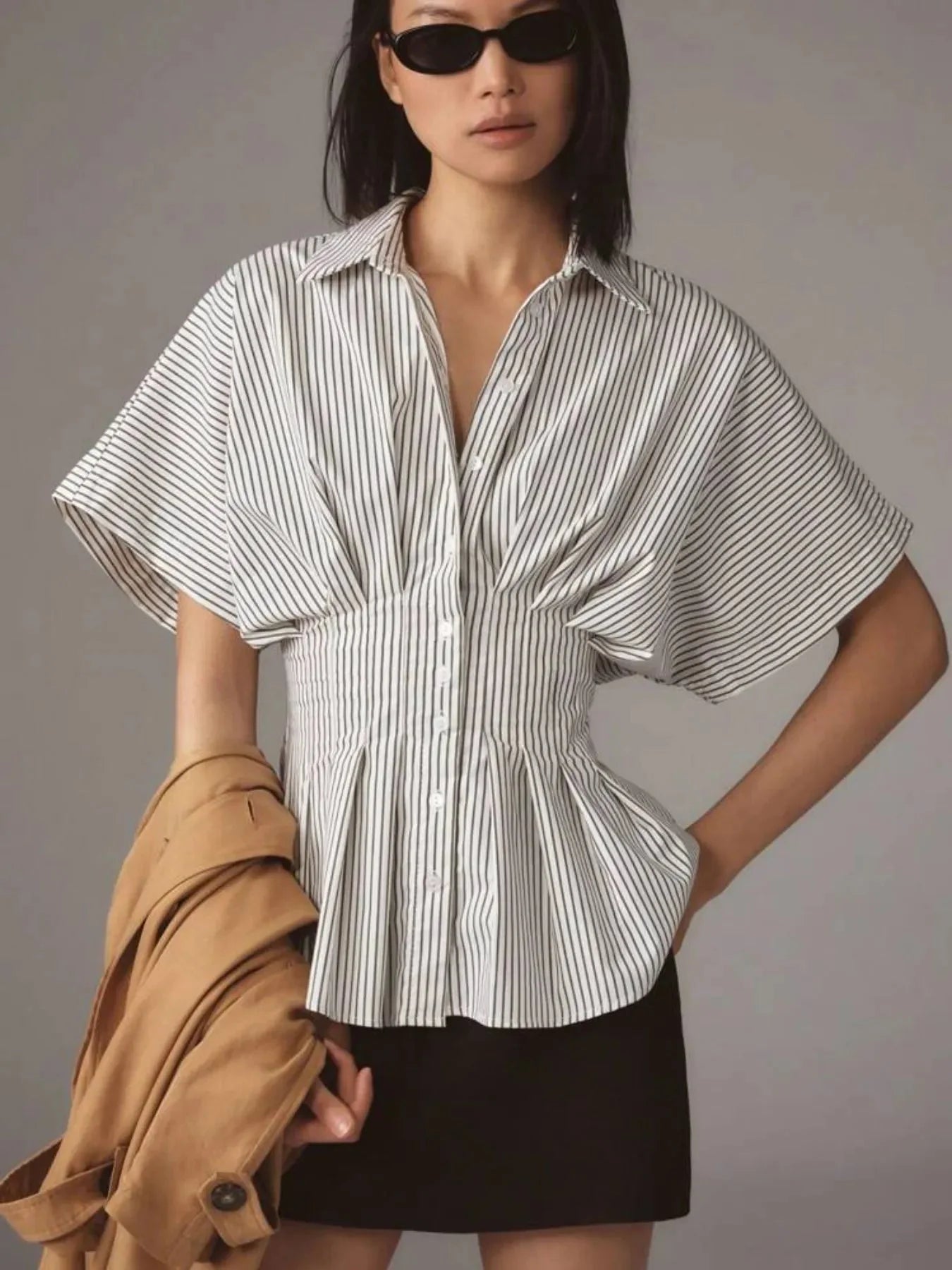 Pinstripe Puff Sleeve Cinched Waist Button Up Shirt