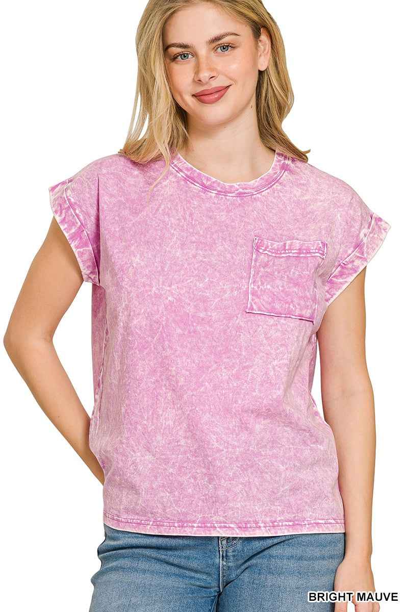Zenana Full Size Crinkle Washed Round Neck Folded Short Sleeve Tee Plus Size