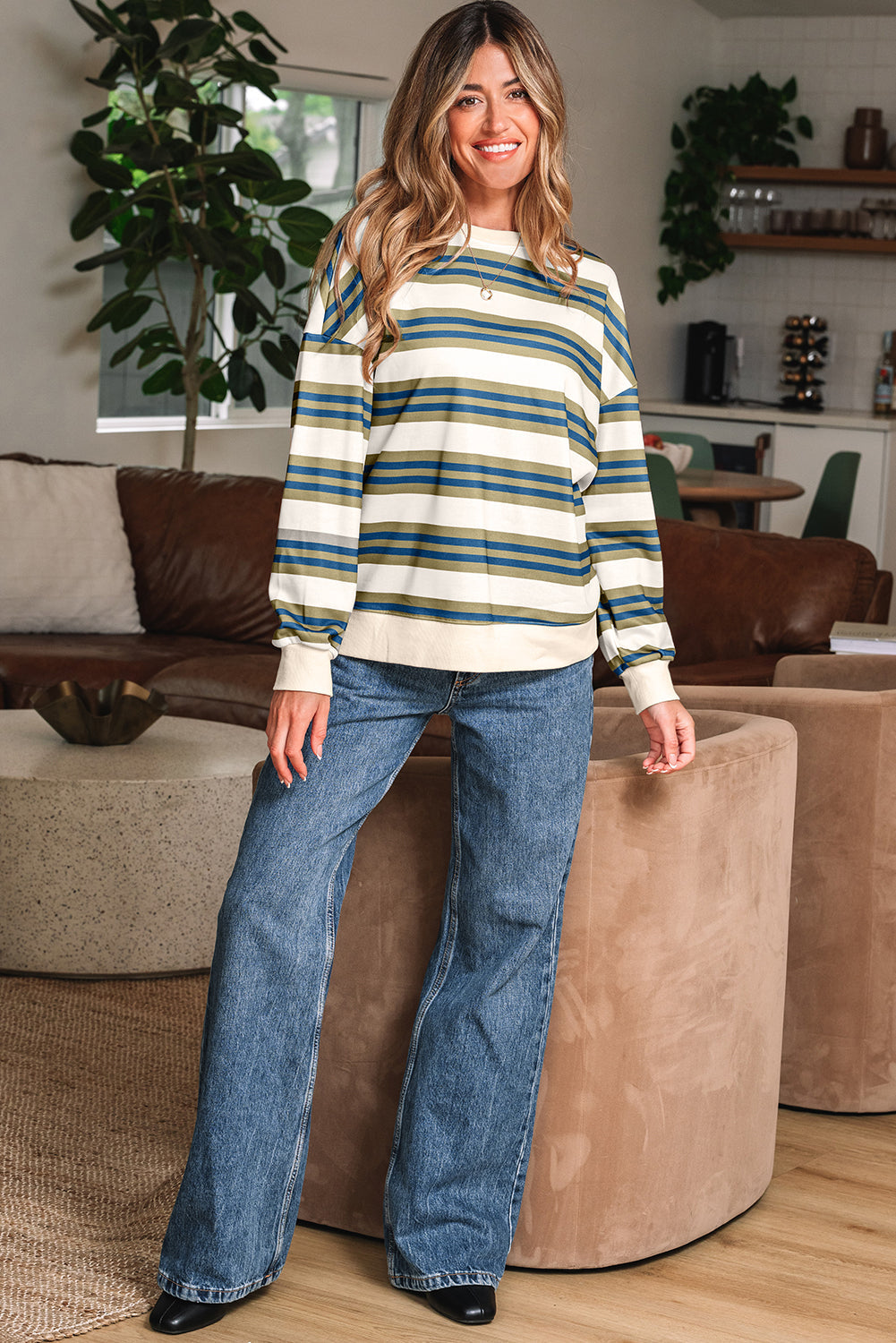 Rose Stripe Crew Neck Pullover Sweatshirt