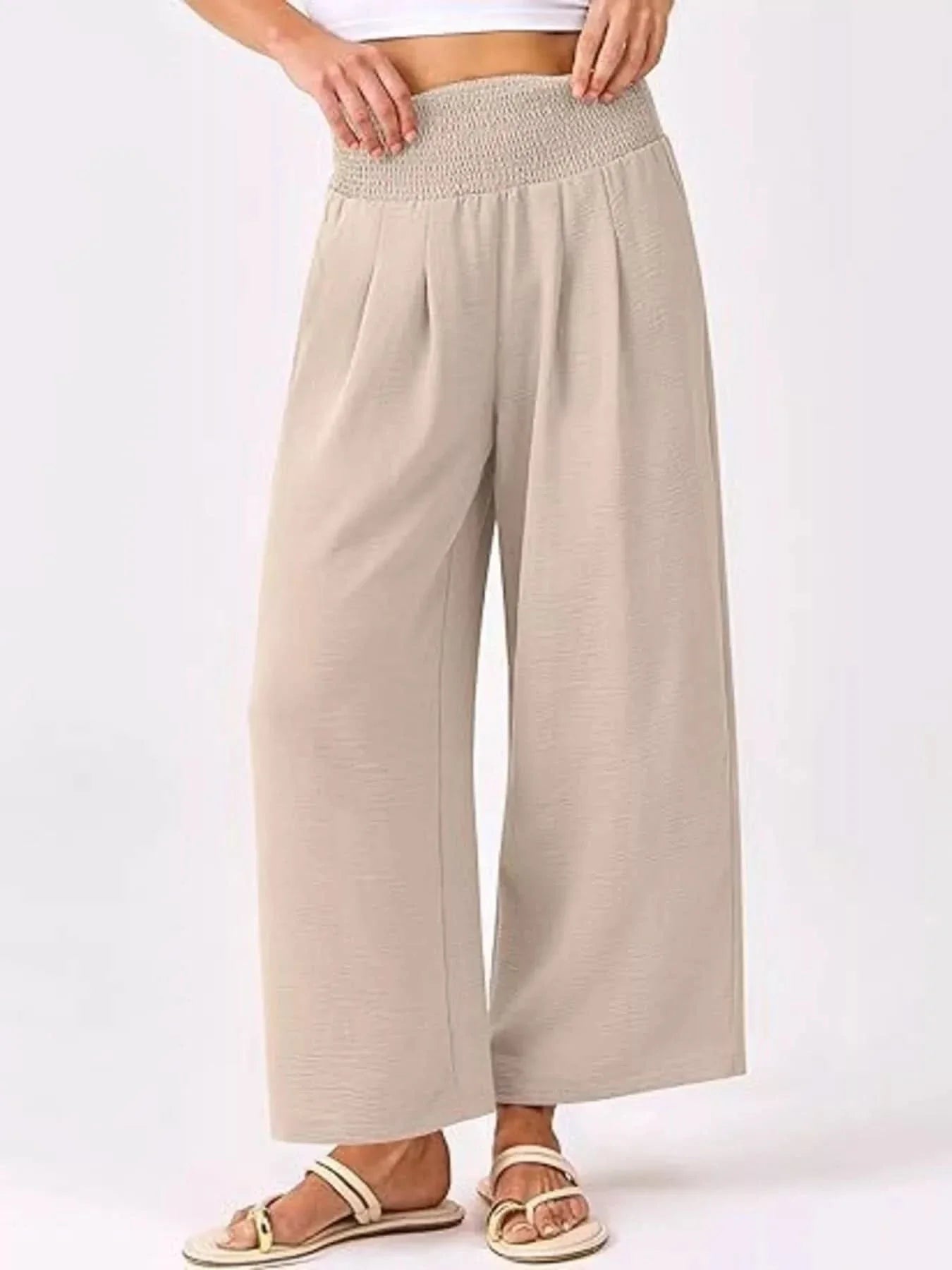 Wide Leg Smocked High Waist Pants With Pockets Polyester