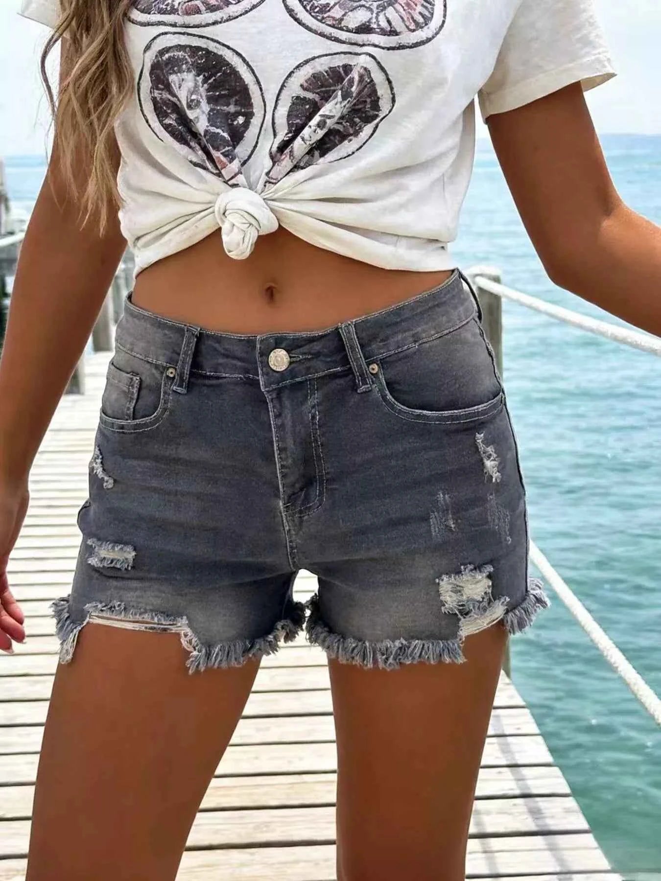 Distressed Frayed Hem Denim Shorts