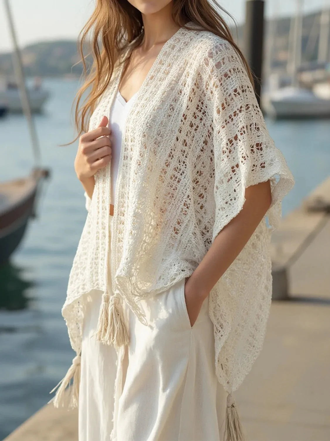 Openwork Tassel Open Front Knit Cover Up