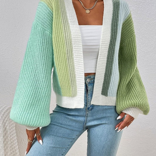 Casual Color Block Short Cardigan Without Buttons