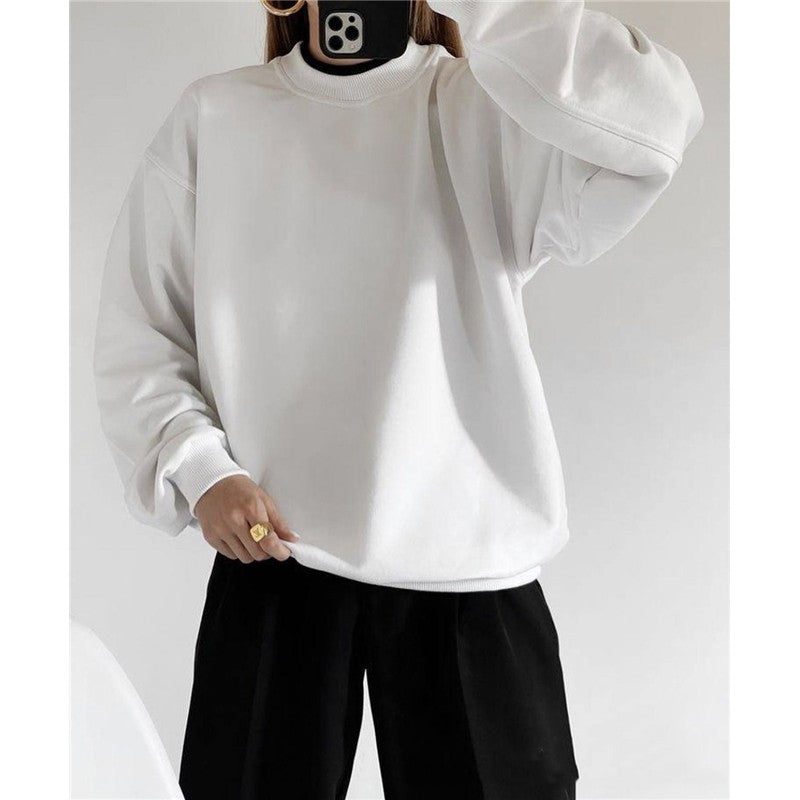 Casual Loose Fit Solid Color Crewneck Cotton Sweatshirt