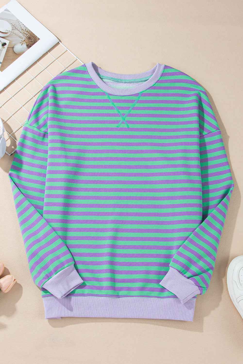 Baya Striped Contrast Trim Drop Shoulder Sweatshirt - Blue