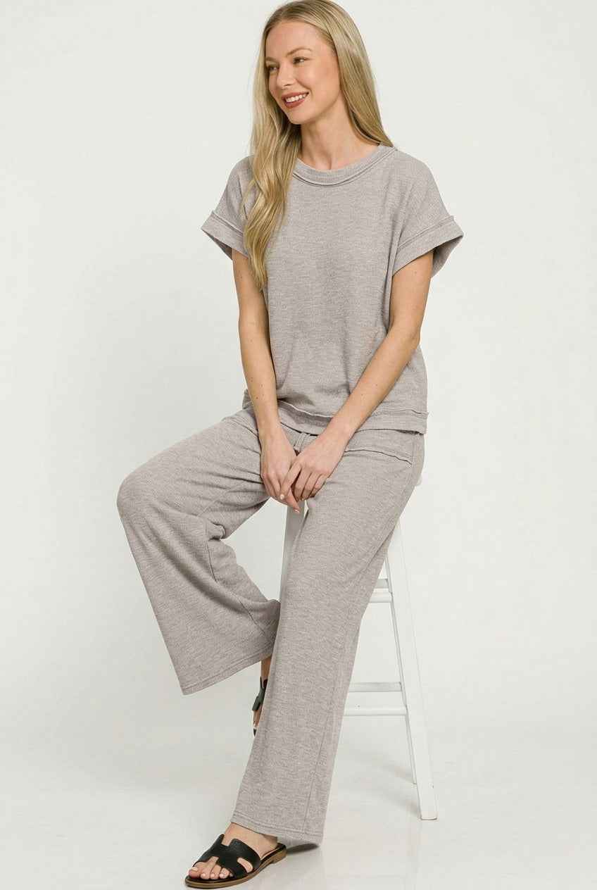 Zenana Washed Slub Short Sleeve Tee & Long Pants Set
