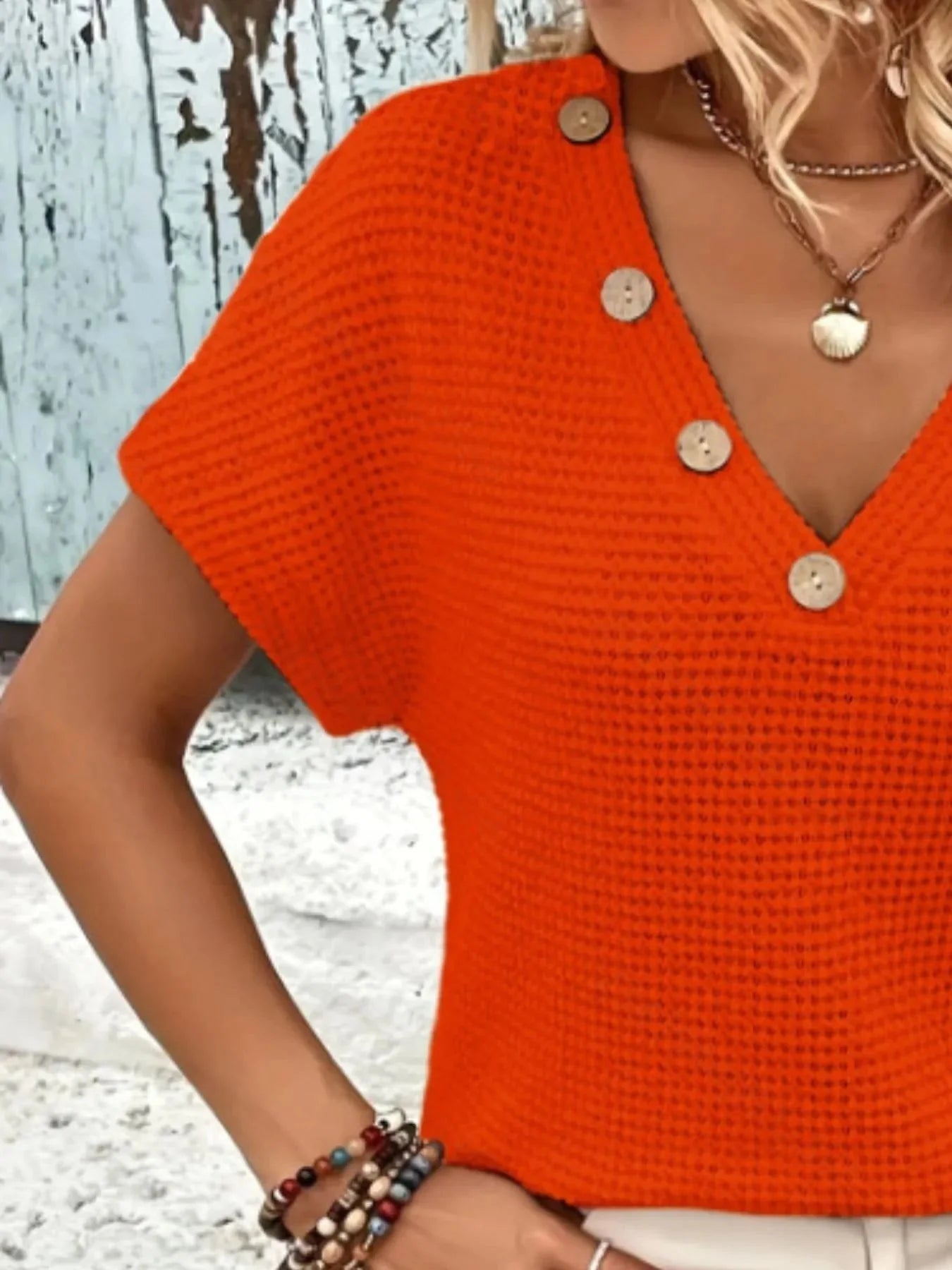 Textured Knit Womens V Neck T Shirt