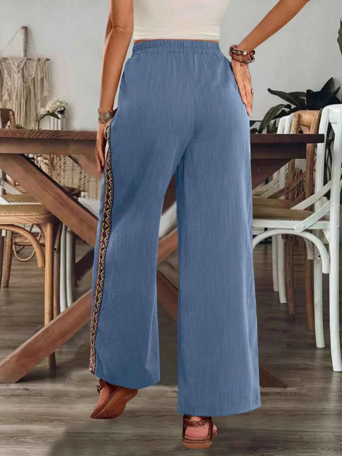 Bohemian Wide Leg Embroidered Side Stripe Pants