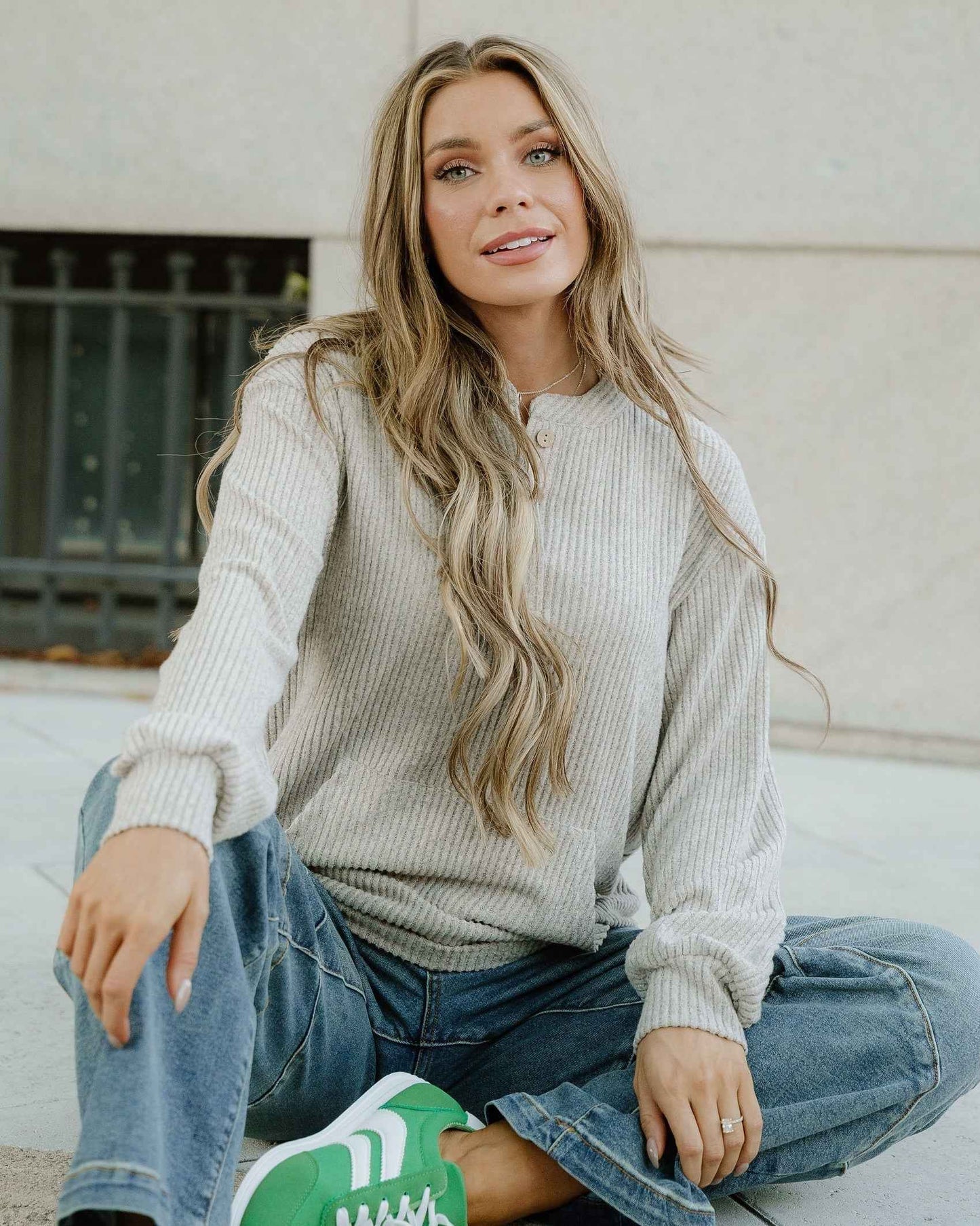 Addison Ribbed Texture Drop Shoulder Henley Knit Top