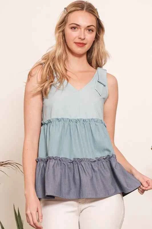 Lime 'N' Chili Full Size Color Block V-Neck Baby Doll Sleeveless Top Plus Size