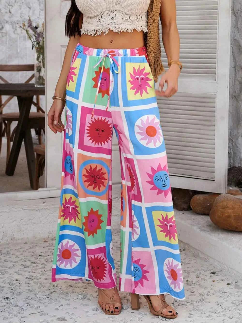 Devine Drawstring Printed Wide Leg Pants