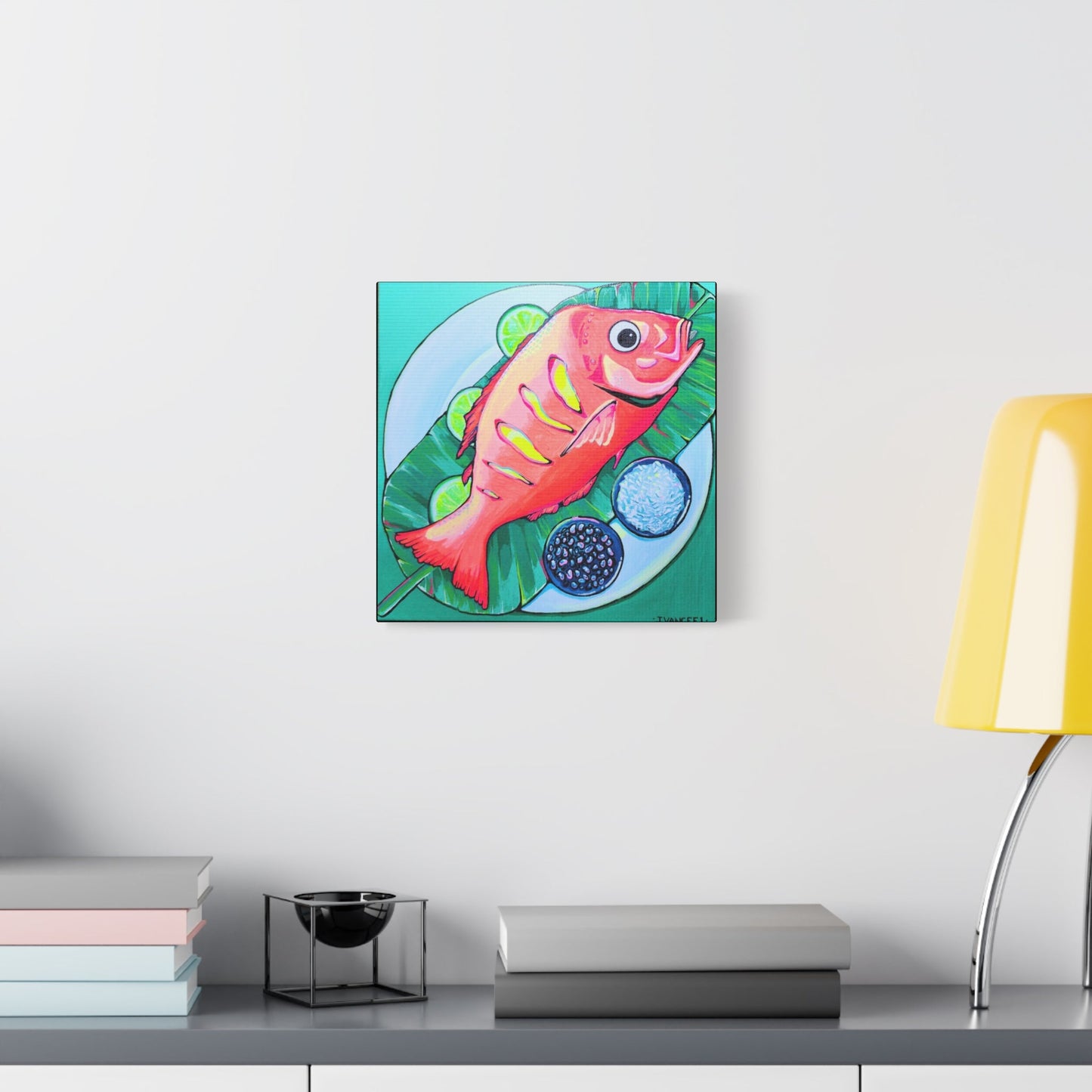 Neon Fried Fish Canvas Print, Original Artist Design, Home Decor, Wall Art