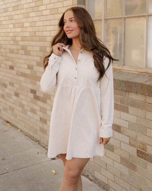 Abigail Corduroy Half Button Collared Long Sleeve Dress - Oatmeal