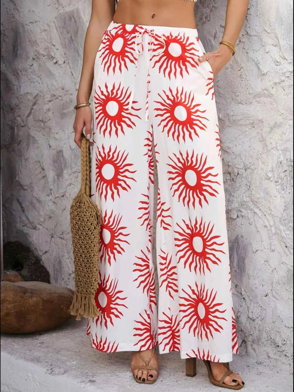 Devine Drawstring Printed Wide Leg Pants