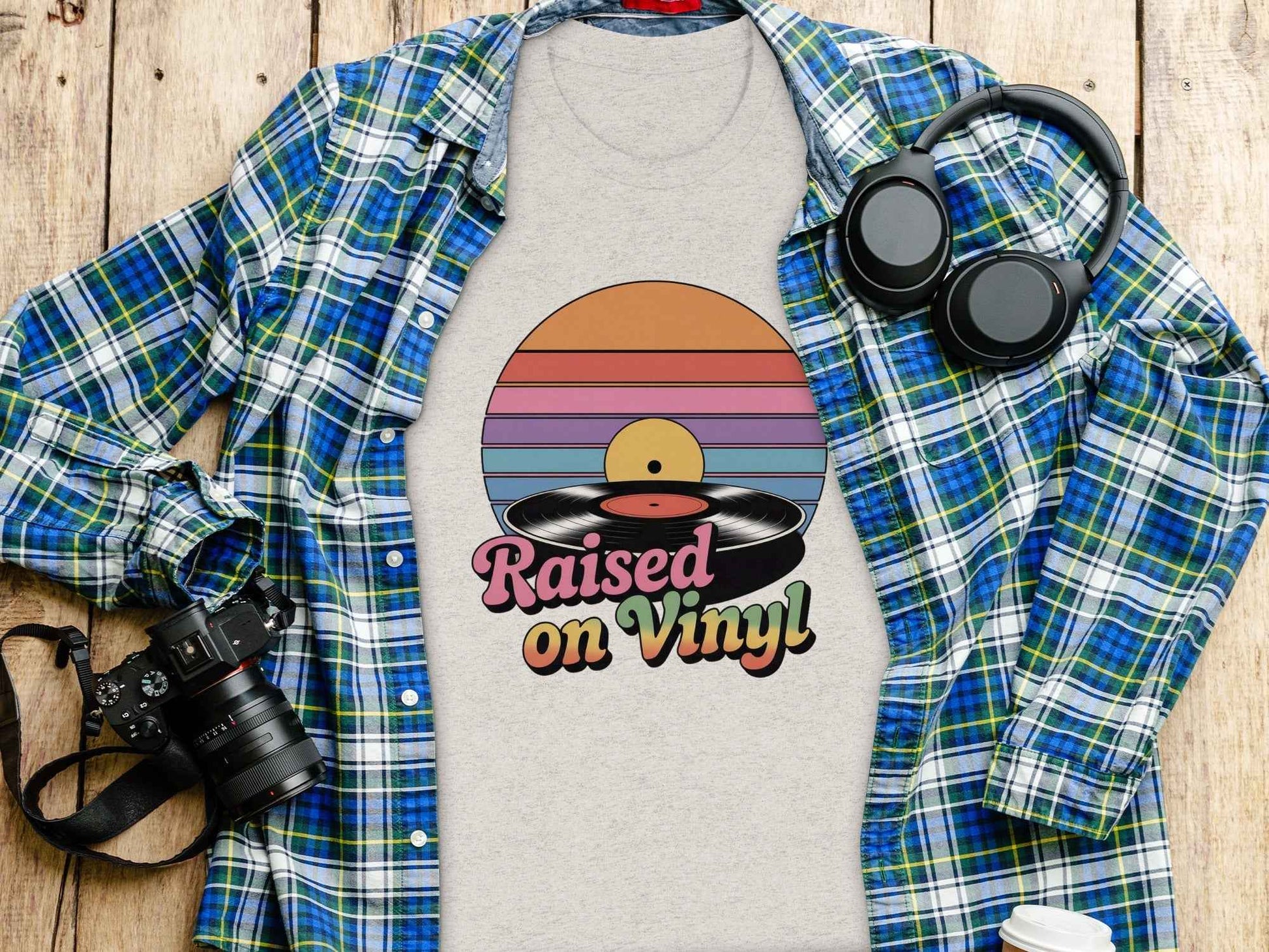 Raised On Vinyl Vintage Retro Style Design Graphic T-Shirt