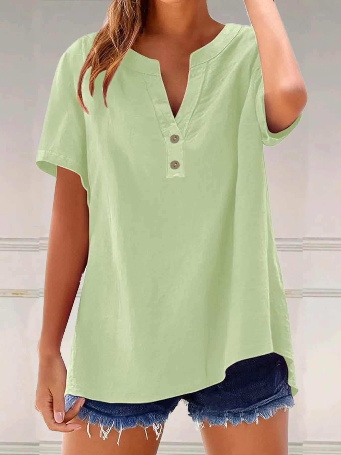 Full Size Notched Short Sleeve Blouse Plus Size