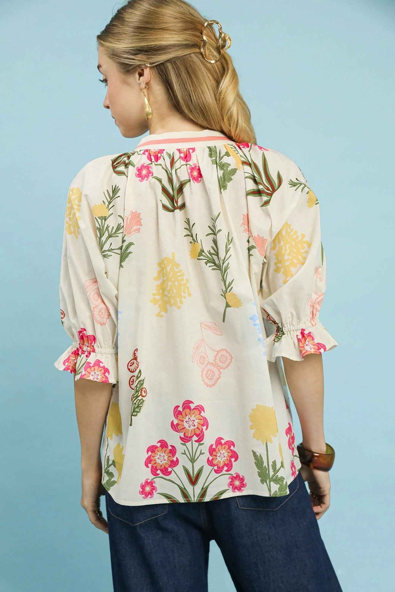 Umgee Floral Split Neck Puff Sleeve Top