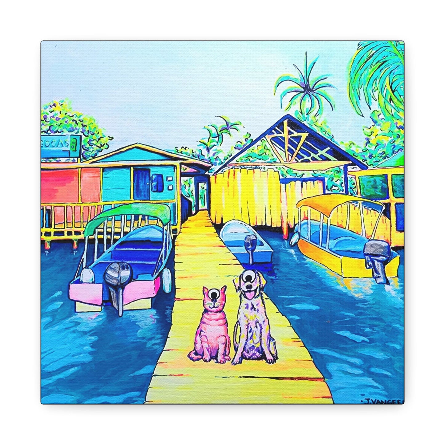 Cyclops Cat and Dog in Bocas Original Canvas Art Print, Gift, Unique Wall Decor